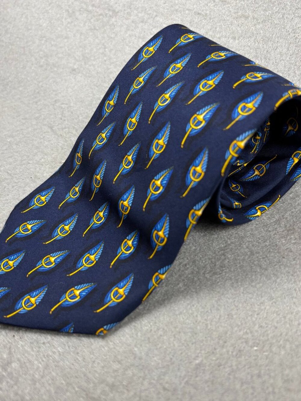 Celine Paris Navy Silk Equestrian Stirrup Motif Men's Tie Made in Spain